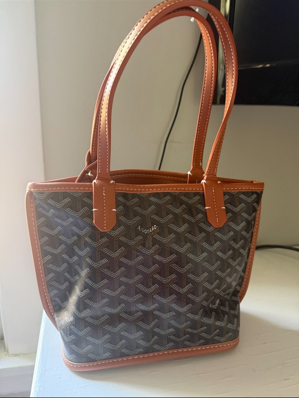 Women's Cognac Leather Tote with Contrast Stitching